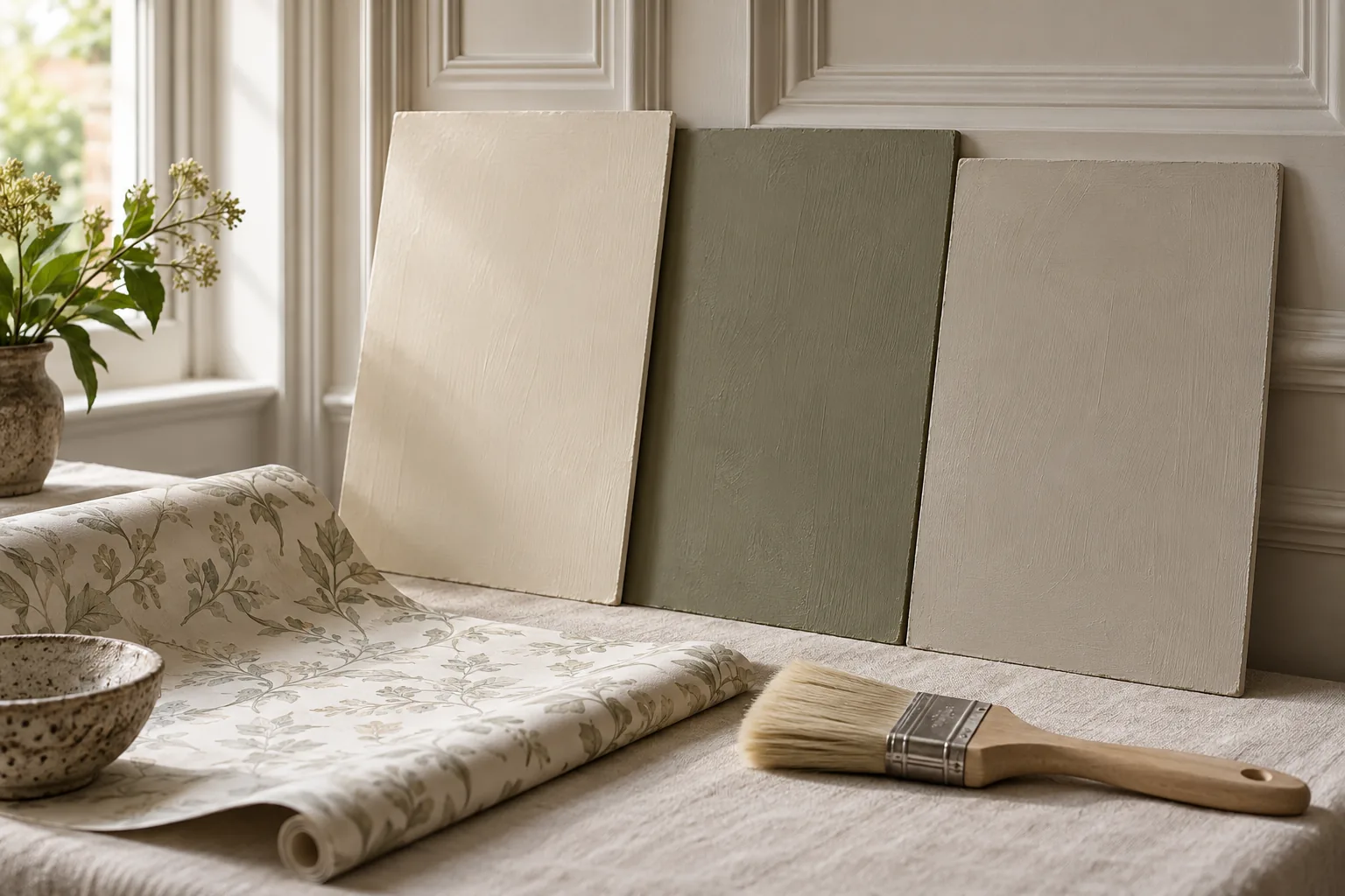 Generated illustration of paint sample boards, tonal wallpaper and a decorating brush