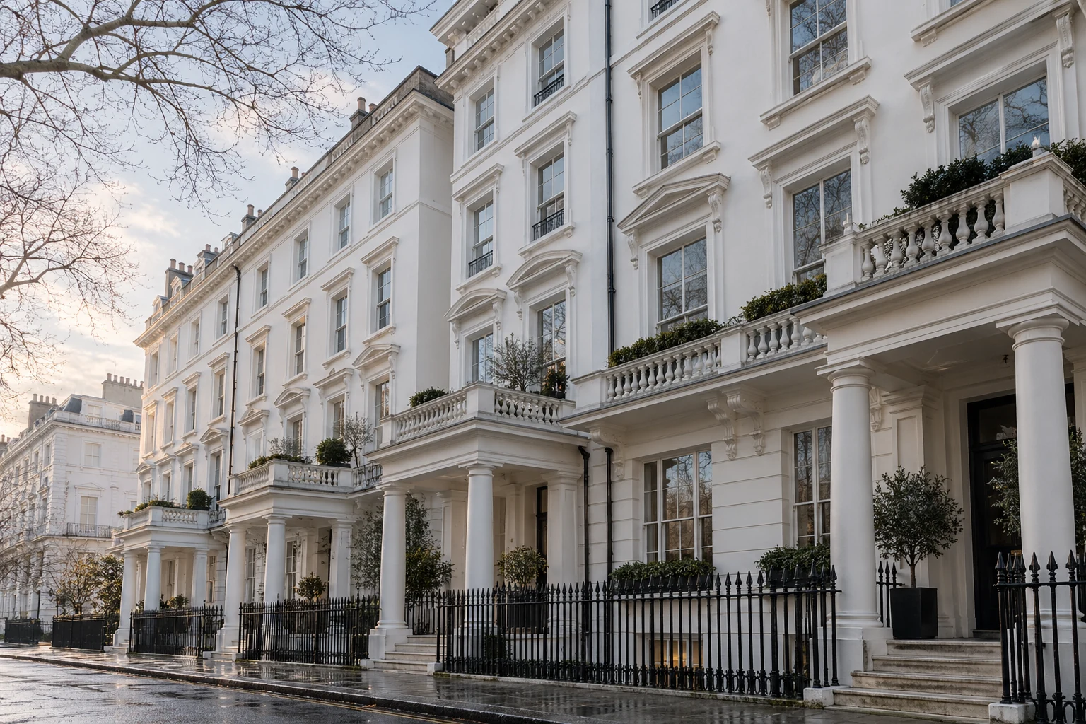 Generated scene of a white stucco terrace with columned porticoes, tall sash windows and black railings