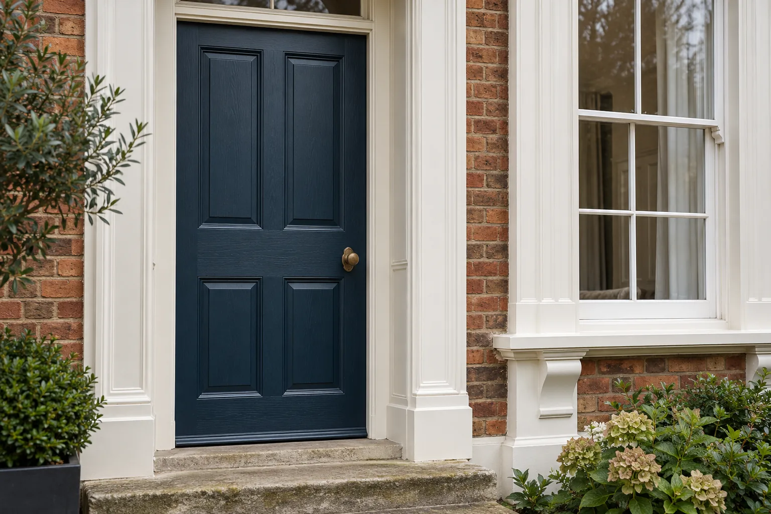 Generated illustration of a navy panelled door, cream surround and white sash window