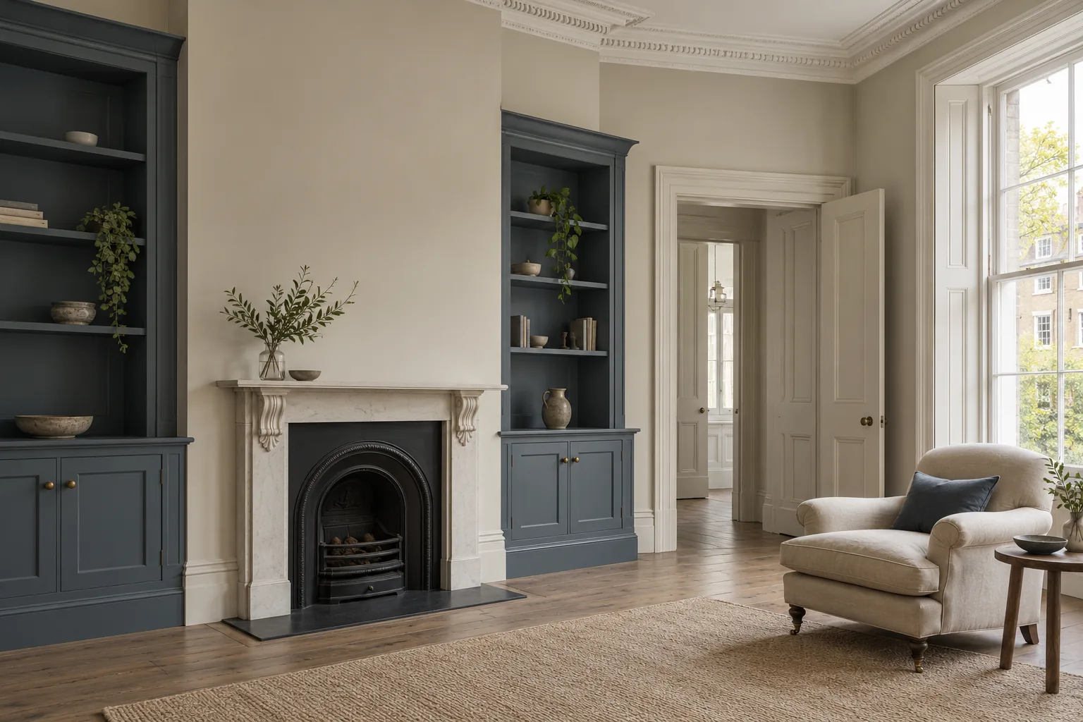 Generated illustration of a period room with stone-coloured walls, cornicing and blue-grey joinery